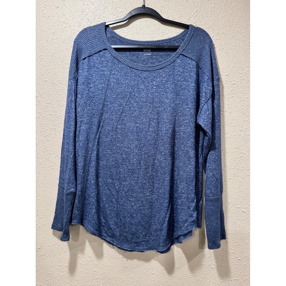 ANA A New Approach Womens Blue Heathered Long Sleeve Ribbed Cuff Top Large